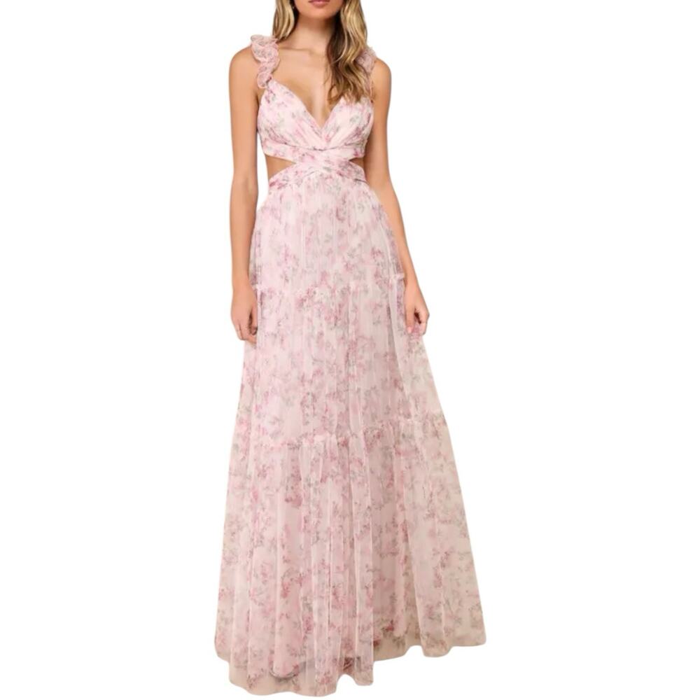 NWT Lulus Ethereal Love Blush Floral Pleated Tiered Tie-Back Maxi Dress Large